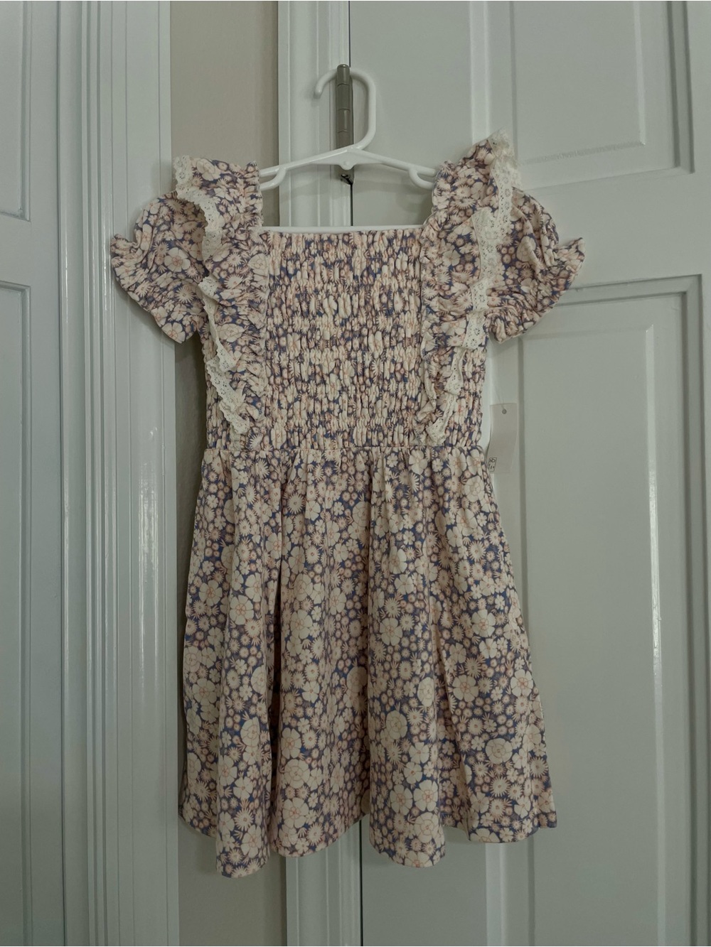 Amazon Essentials Cream Dress with Purple Floral Print and Lace Trim